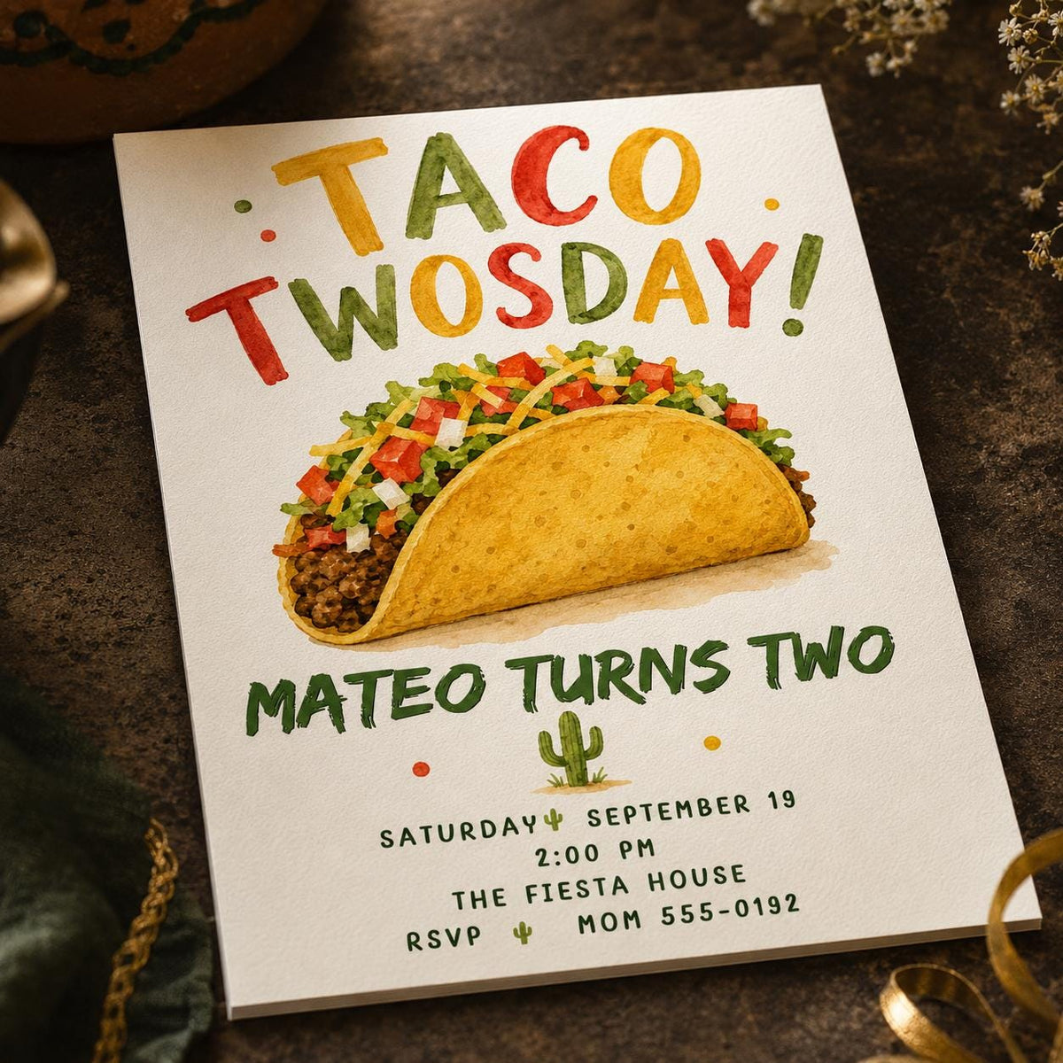 Taco Twosday 2nd Birthday Invitation with a Single Taco — digital invitation, instant download