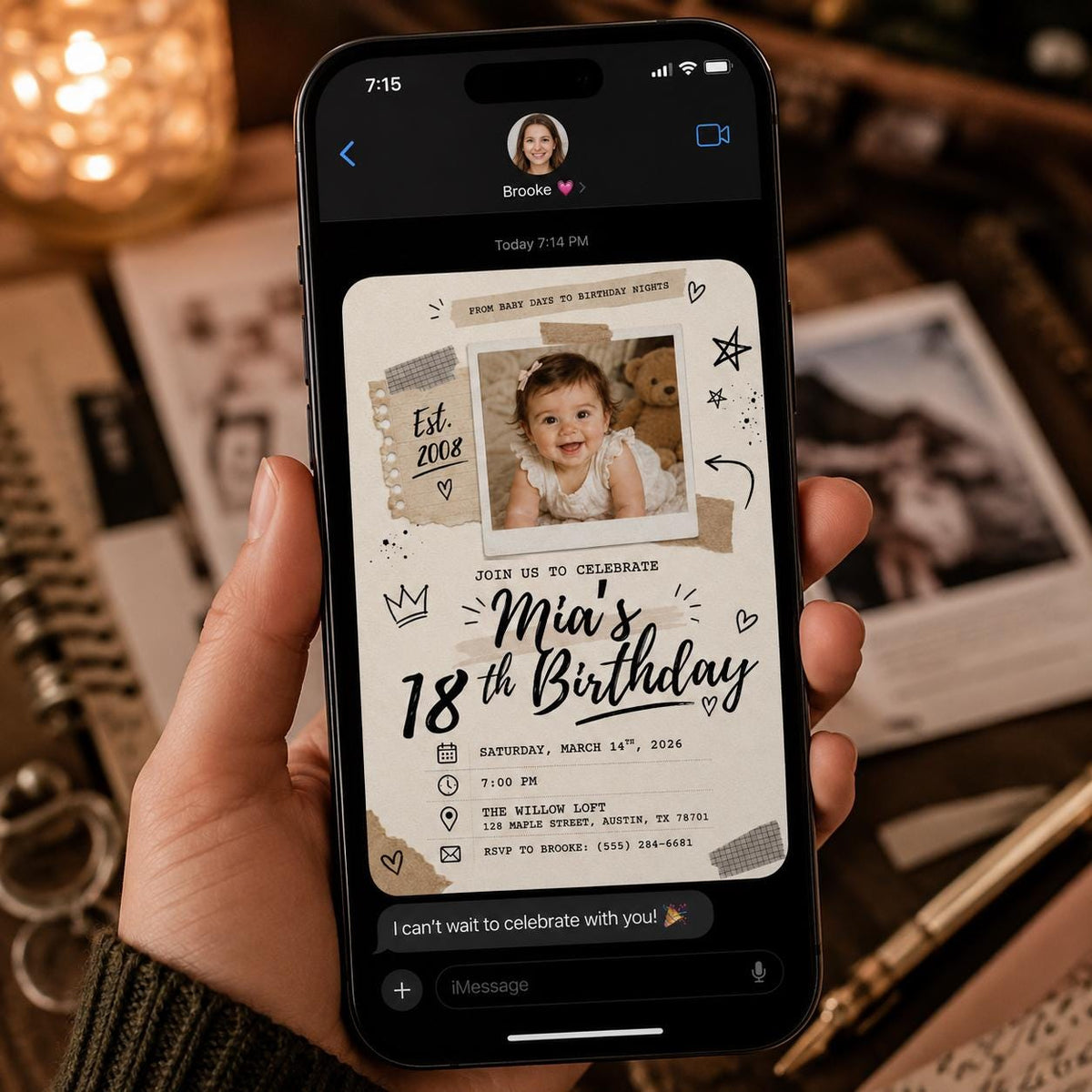 Taped Scrapbook Photo 18th Birthday Invitation — print-ready 18th birthday party design from VoltBy