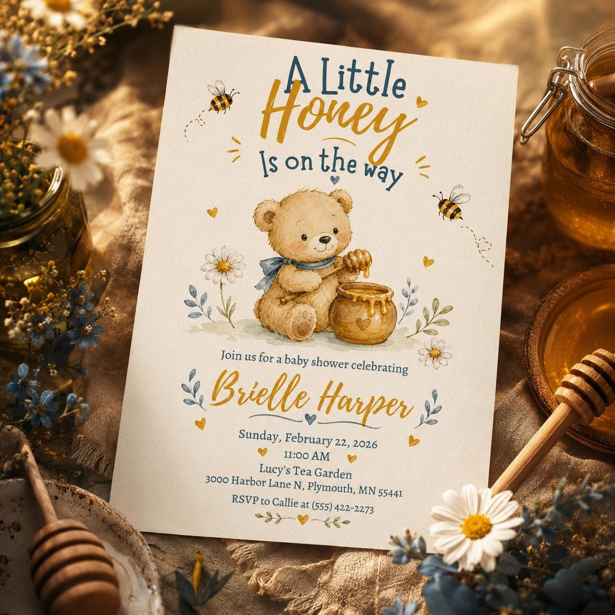 Teddy Bear A Little Honey Baby Shower Invitation — digital invitation, instant download