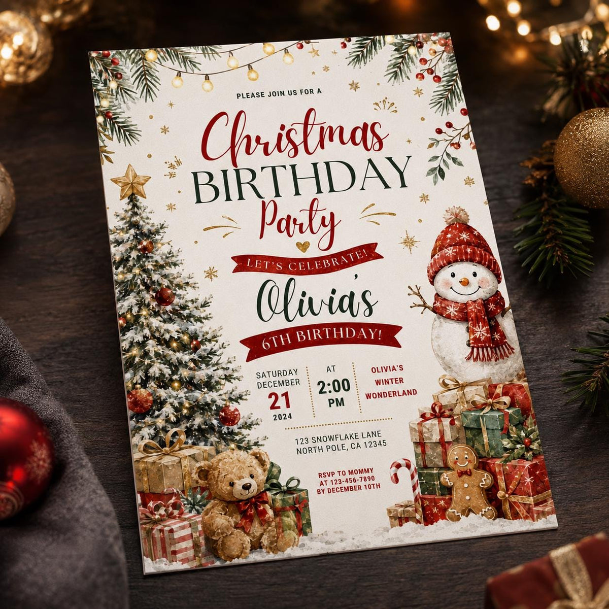 Teddy Bear Christmas 6th Birthday Invitation for Girls — digital invitation, instant download