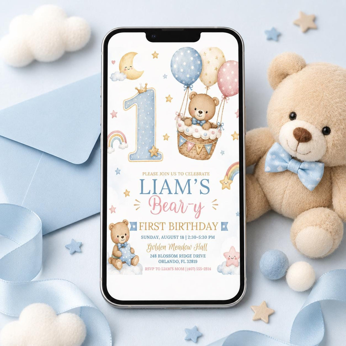 Teddy Bear First Birthday Invitation with Hot Air Balloon — digital invitation, instant download