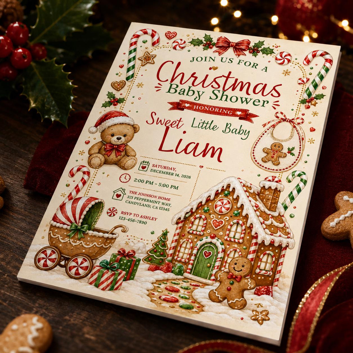 Teddy Bear Gingerbread Baby Shower Invitation — digital invitation, instant download