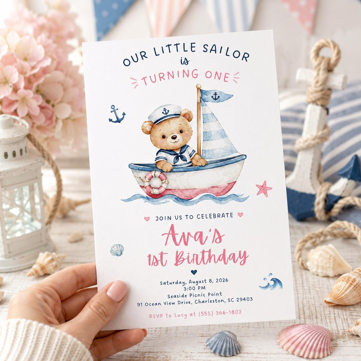 Teddy Bear Little Sailor First Birthday Invitation for Girls — first birthday stationery by VoltBy