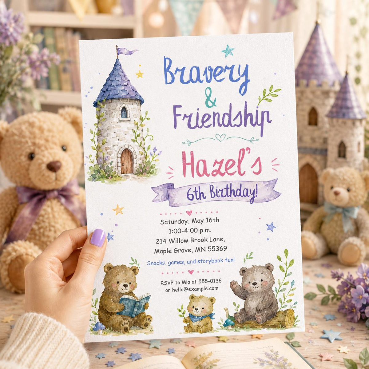 Teddy Bear Storybook 6th Birthday Invitation for Girls — digital invitation, instant download