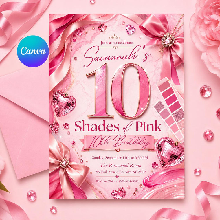 Ten Shades of Pink 10th Birthday Invitation