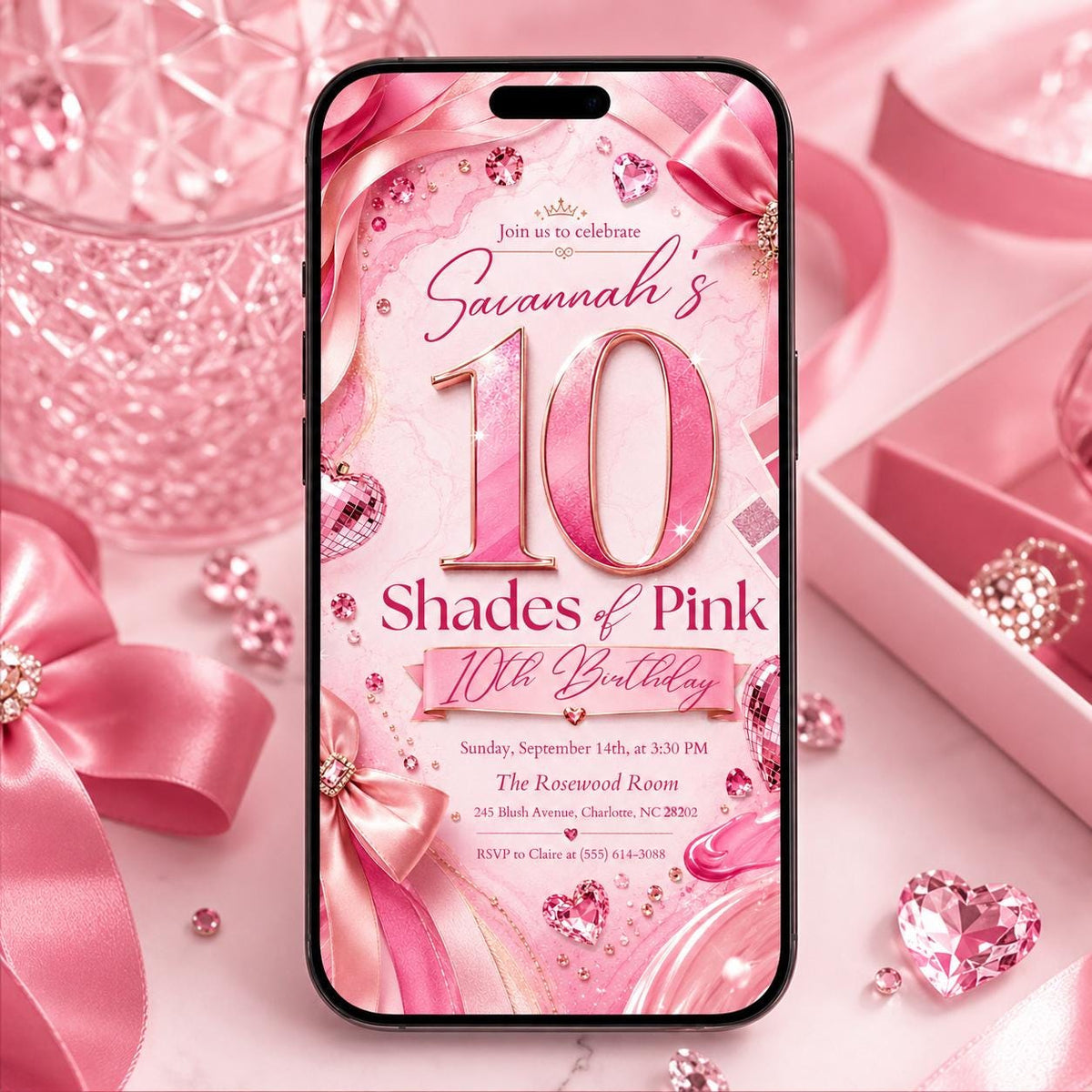 Ten Shades of Pink 10th Birthday Invitation — digital invitation, instant download