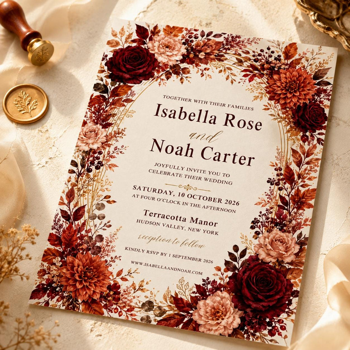 Terracotta and Burgundy Fall Wedding Invitation — print-ready wedding design from VoltBy