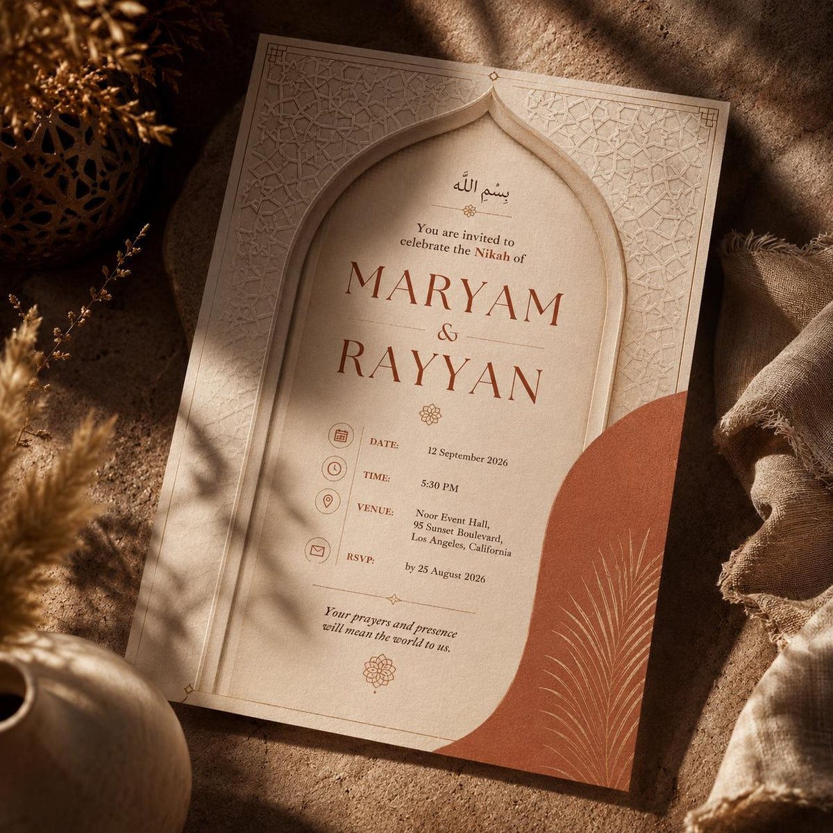 Terracotta Modern Boho Nikah Invitation — nikah ceremony stationery by VoltBy