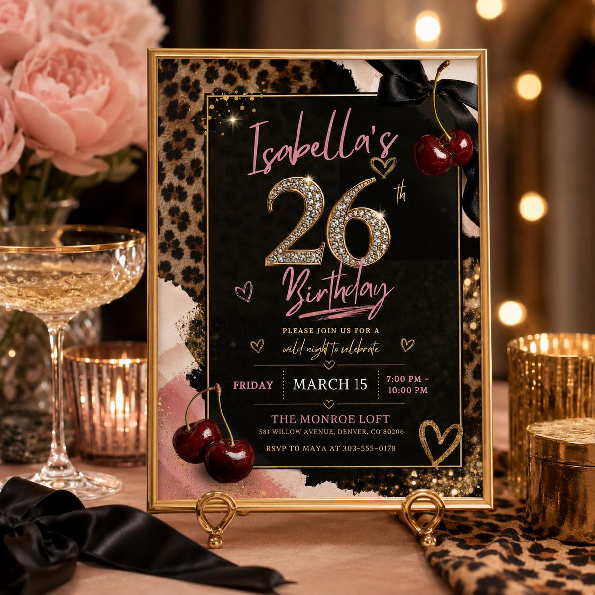 Leopard Print 26th Pink Birthday Invitation for Girls — 26th birthday party stationery by VoltBy