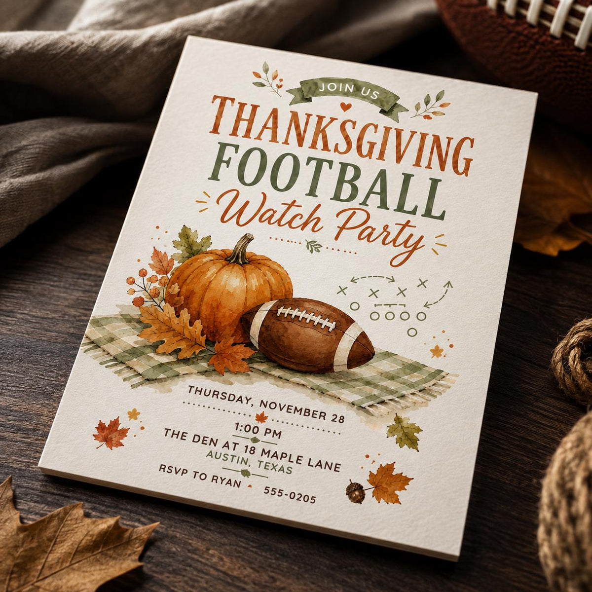 Thanksgiving Football Watch Party Invitation — Thanksgiving gathering stationery by VoltBy