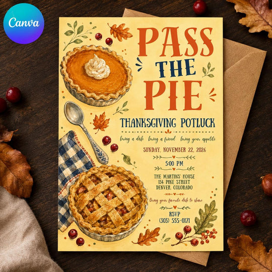 Thanksgiving Potluck Invitation: Pass the Pie Friendsgiving Dinner