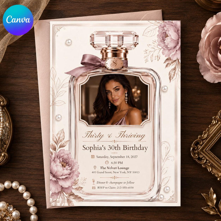Thirty and Thriving Perfume Bottle Photo Birthday Invitation