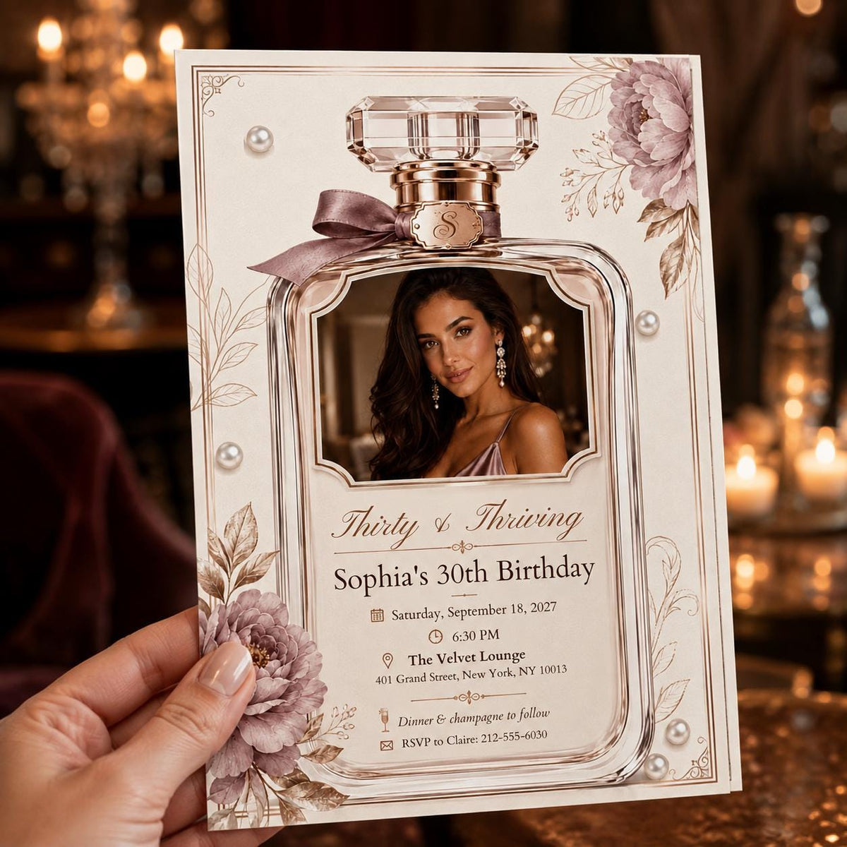 Thirty and Thriving Perfume Bottle Photo Birthday Invitation — vintage 30th birthday party design