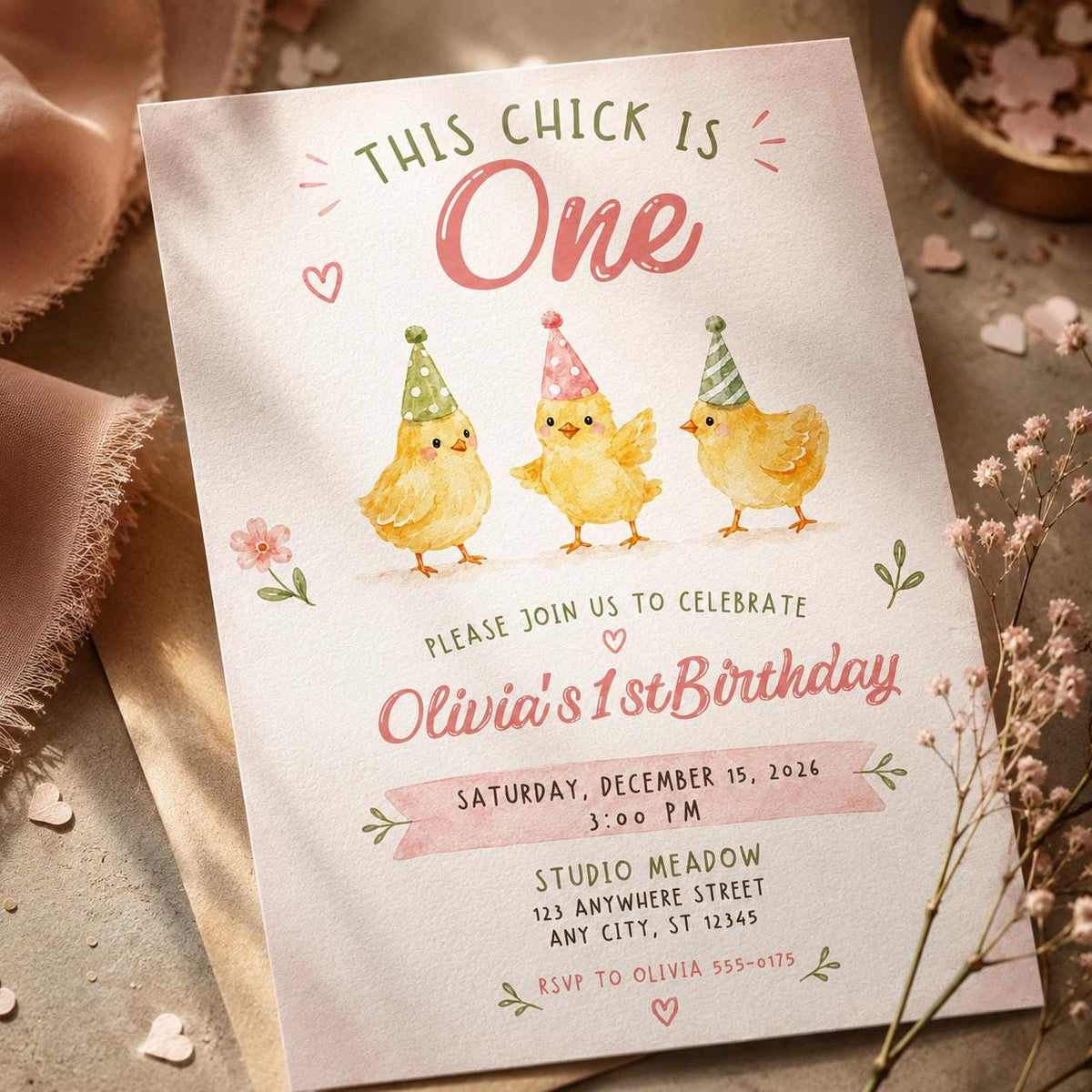 This Chick Is One Birthday Invitation for Girls — first birthday stationery by VoltBy