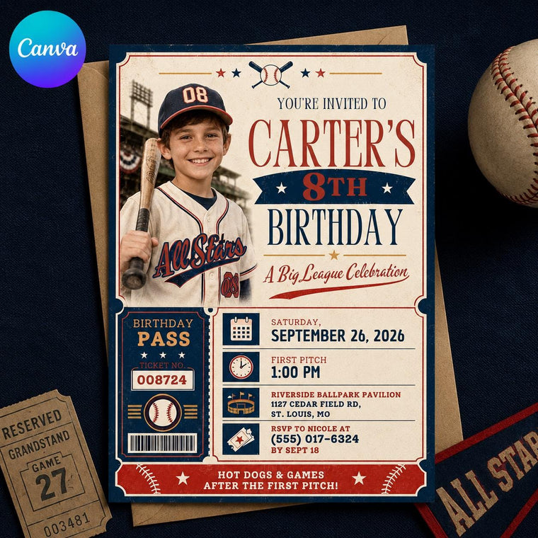 Ticket Baseball 8th Birthday Invitation for Boys