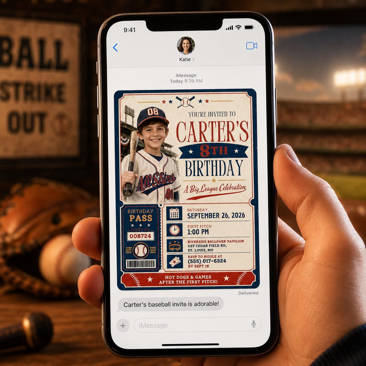 Ticket Baseball 8th Birthday Invitation for Boys — digital invitation, instant download