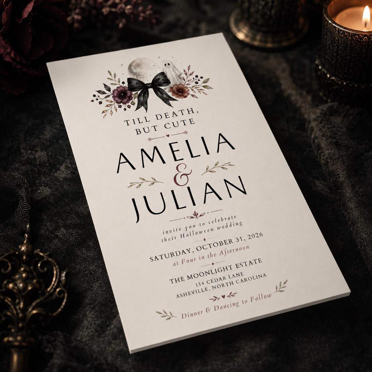 Till Death but Cute Gothic Wedding Invitation with Black Bow — rose artwork in cream