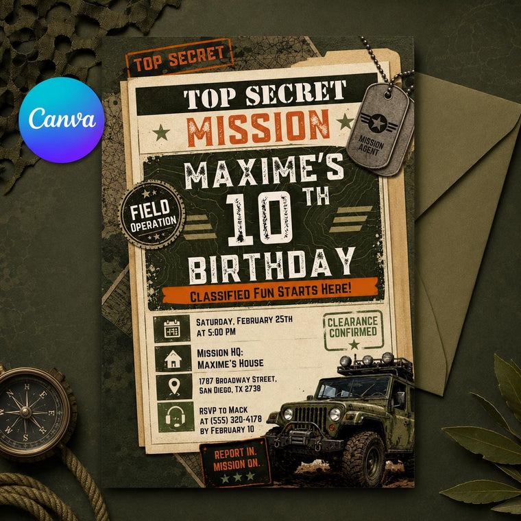 Top Secret Army Mission 10th Birthday Invitation