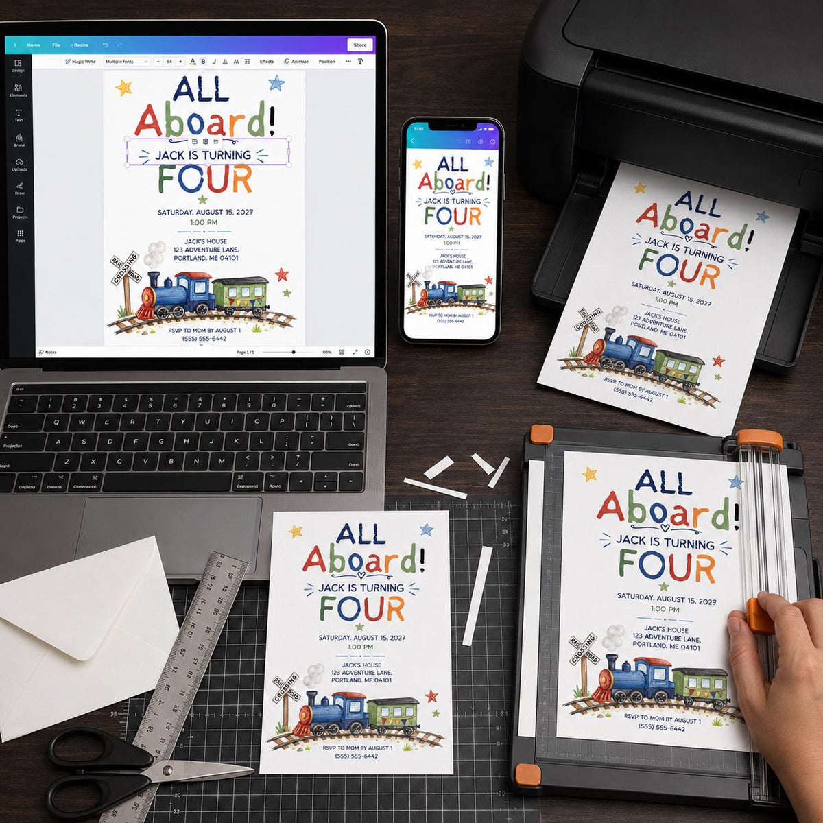 Train 4th Birthday Invitation: All Aboard 4th Birthday for Boy — 4th birthday party stationery by VoltBy