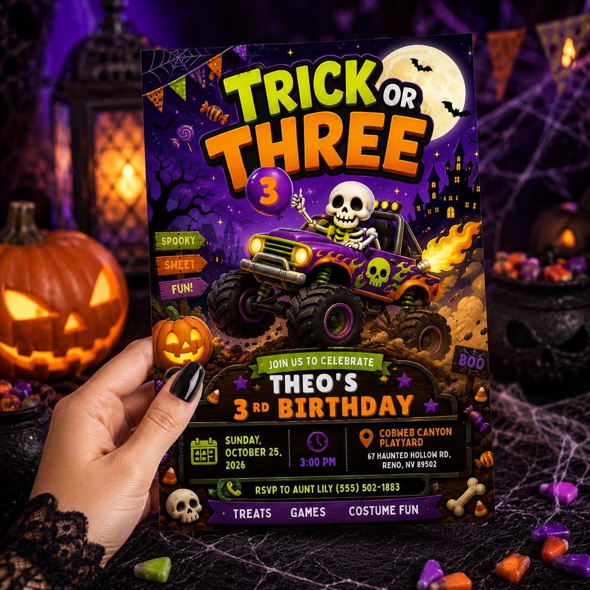 Trick or Three Skeleton Monster Truck Birthday Invitation for Boys — birthday party stationery by VoltBy