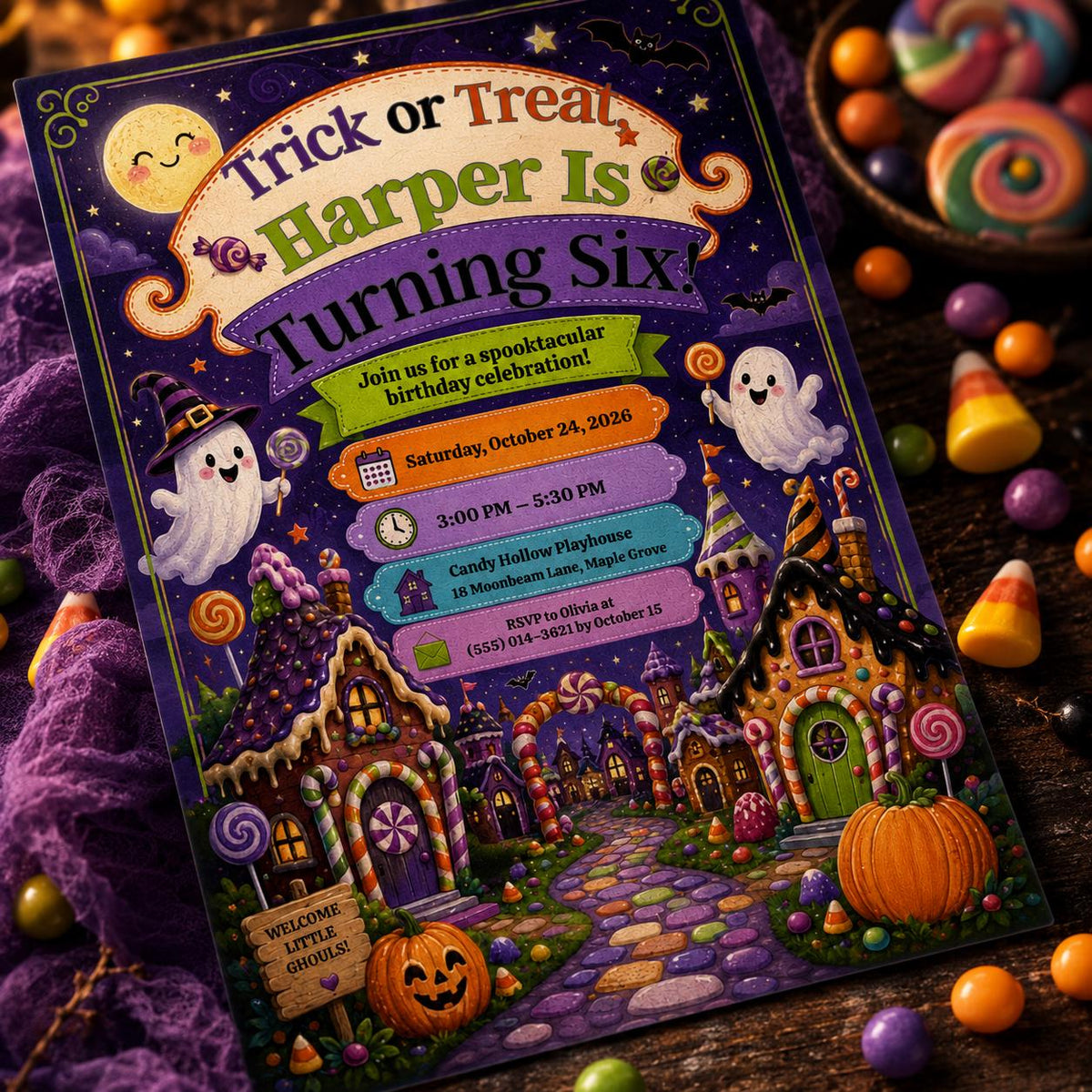 Trick or Treat 6th Birthday Invitation with Candy Village — digital invitation, instant download