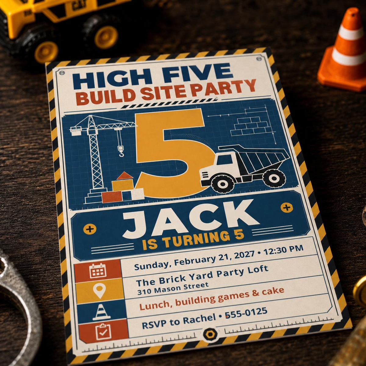 Truck Construction 5th Birthday Invitation — 5th birthday party stationery by VoltBy