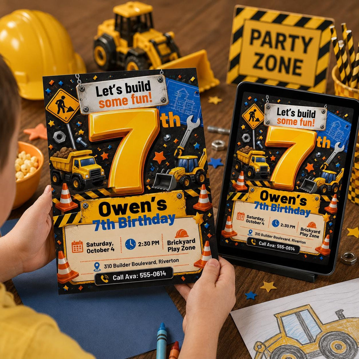 Truck Construction 7th Birthday Invitation — 7th birthday party stationery by VoltBy