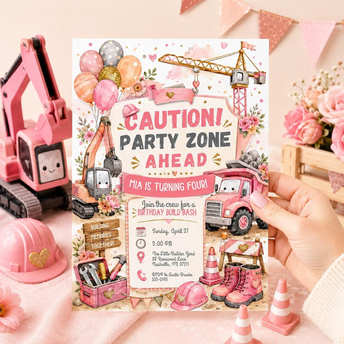 Truck Pink Construction 4th Birthday Invitation for Girls — 4th birthday party stationery by VoltBy
