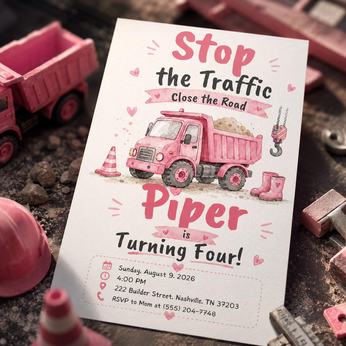 Truck Pink Construction Birthday Invitation for Girls — birthday party stationery by VoltBy