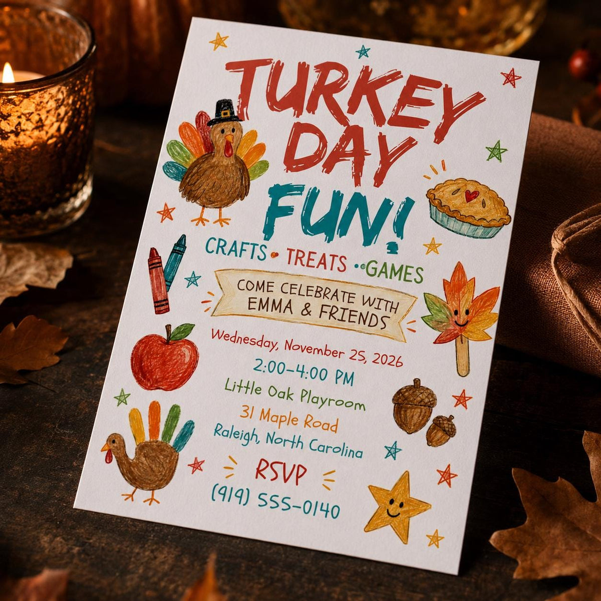 Turkey Thanksgiving Kids Party Invitation — Thanksgiving gathering stationery by VoltBy