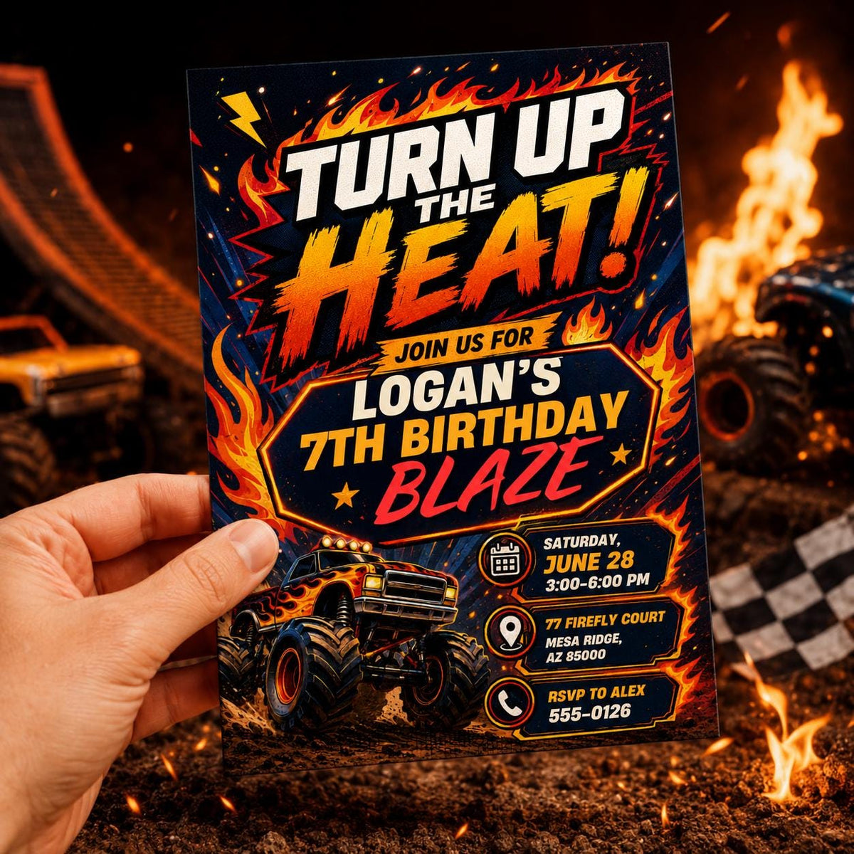 Turn Up the Heat Monster Truck 7th Birthday Invitation — digital invitation, instant download