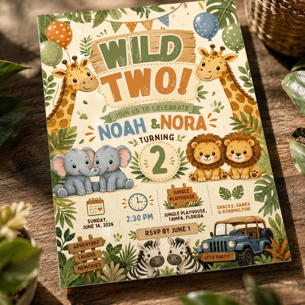 Twin Safari 2nd Birthday Invitation — 2nd birthday party stationery by VoltBy