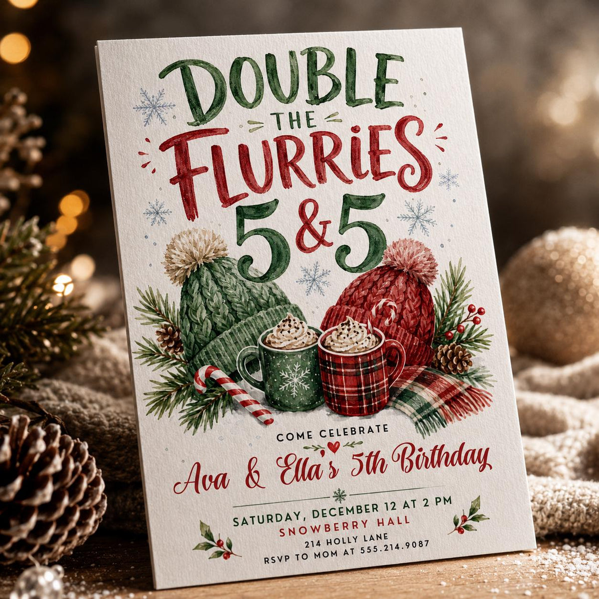 Twin 5th Birthday Invitation — 5th birthday party stationery by VoltBy