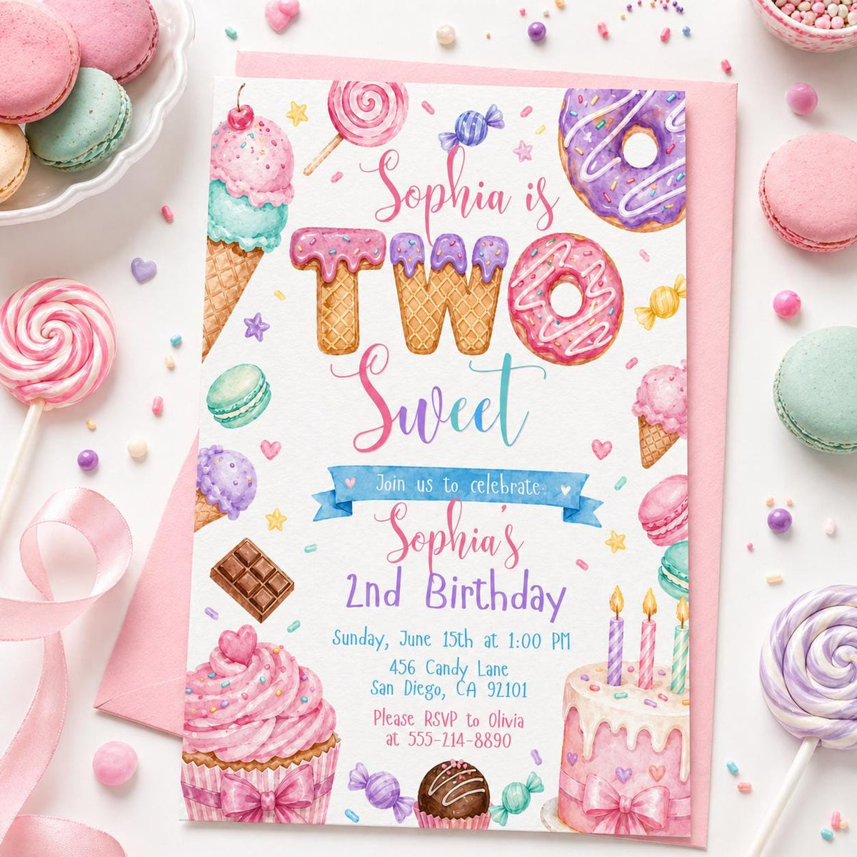 Two Sweet Birthday Invitation In Pink for Girls — 2nd birthday party stationery by VoltBy
