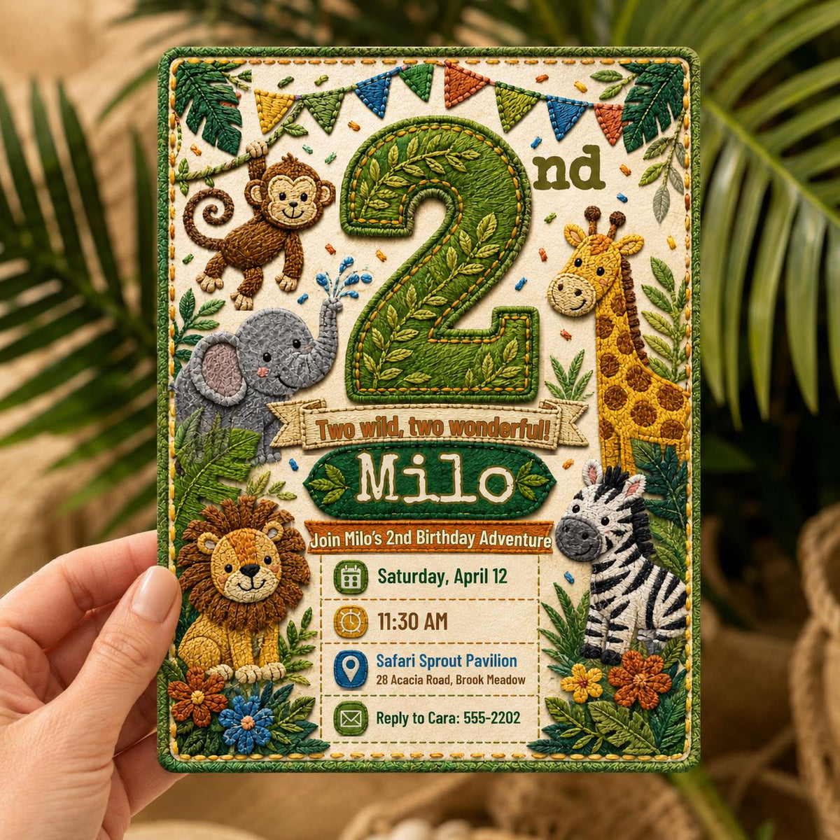 Two Wild Safari Jungle 2nd Birthday Invitation — printable invitation from VoltBy