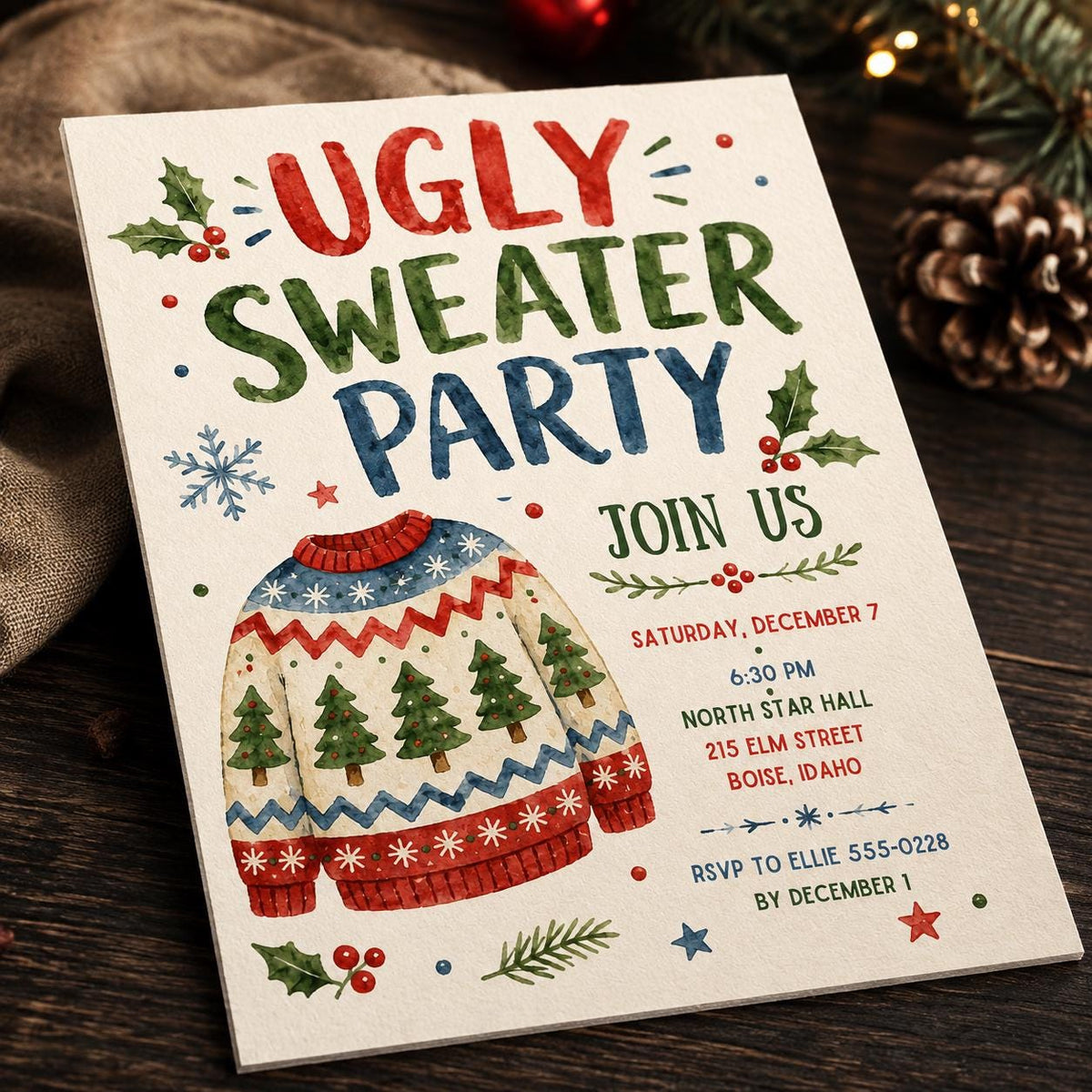 Ugly Christmas Sweater Party Invitation — Christmas celebration stationery by VoltBy