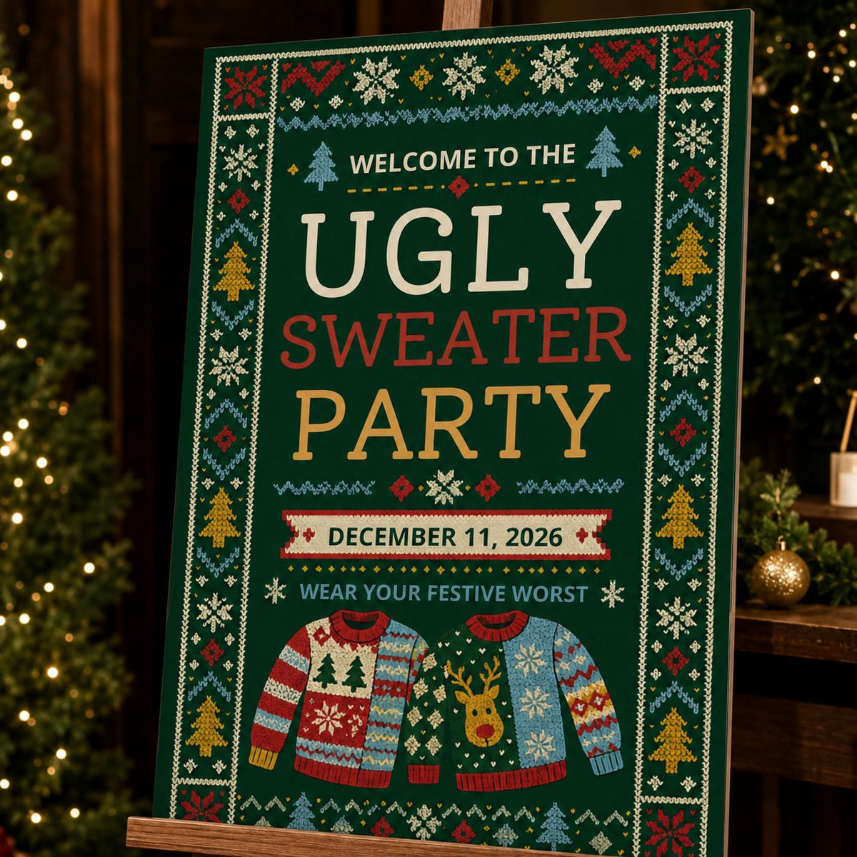 Ugly Sweater Party Welcome Sign — Christmas celebration stationery by VoltBy