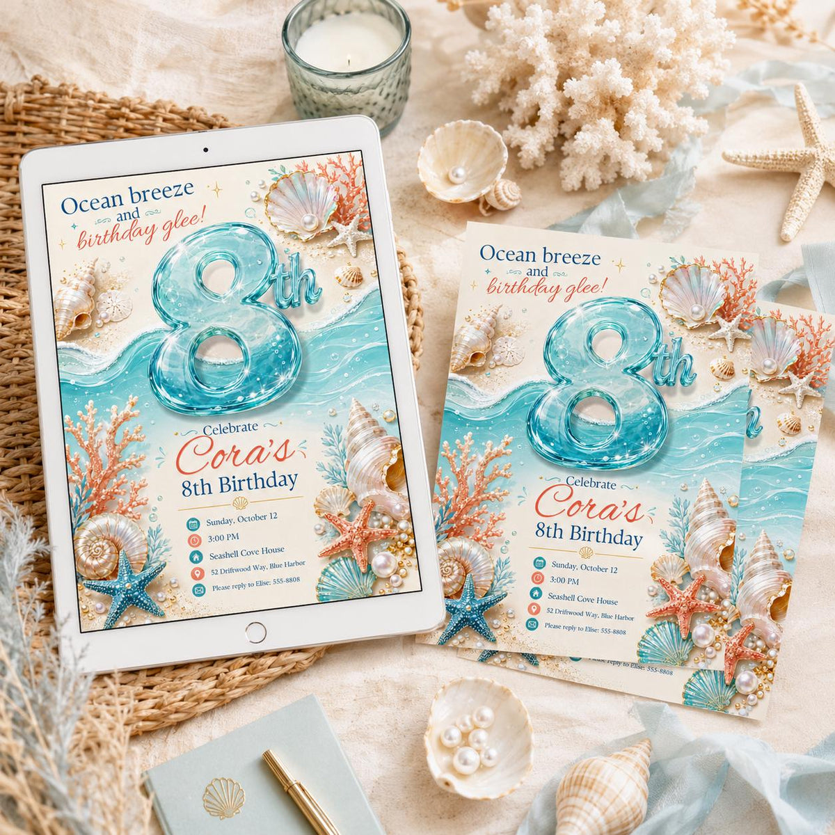 Under the Sea 8th Birthday Invitation: Ocean Shell 8th Girl Party — digital invitation, instant download