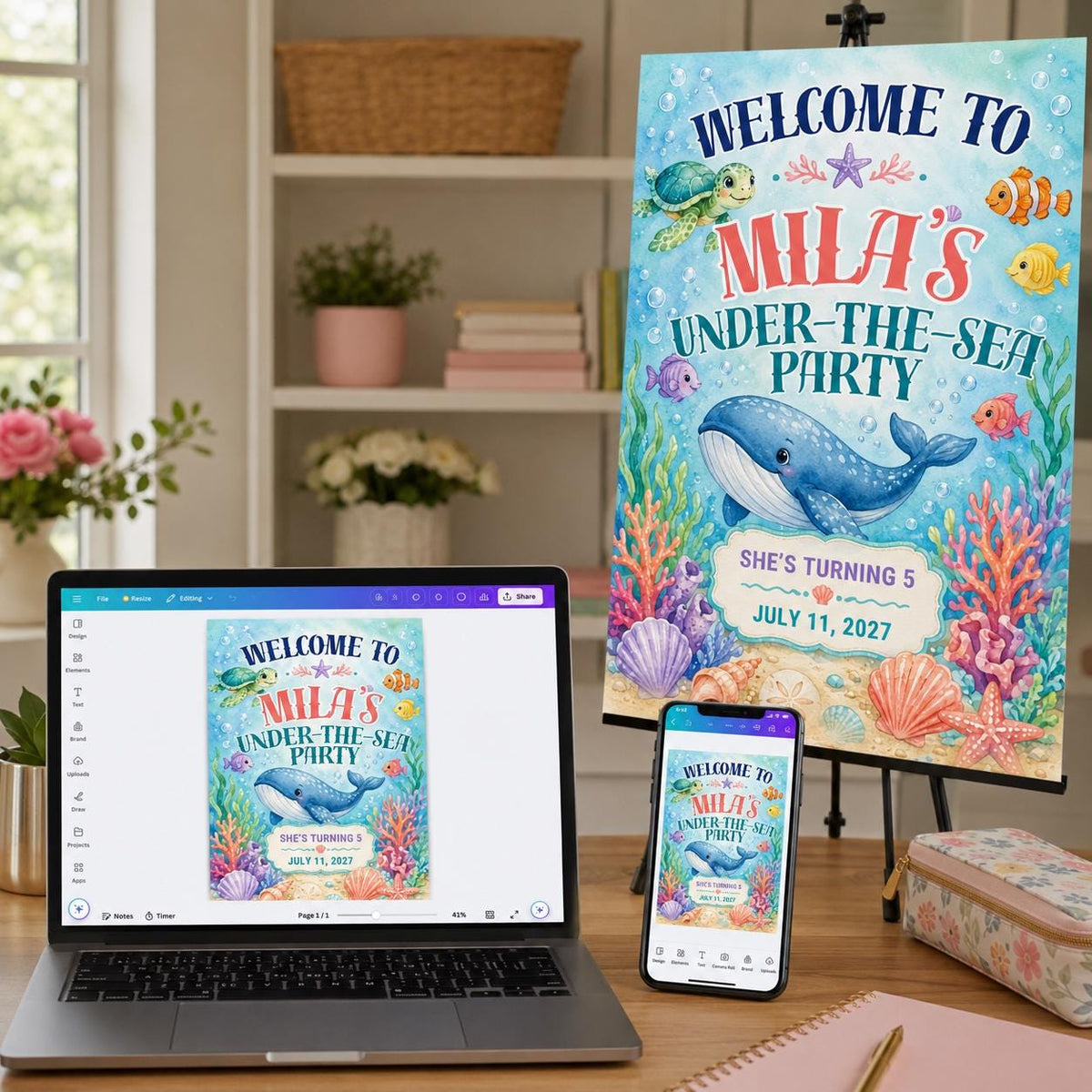 Under the Sea Birthday Welcome Sign for Girls — digital welcome sign, instant download