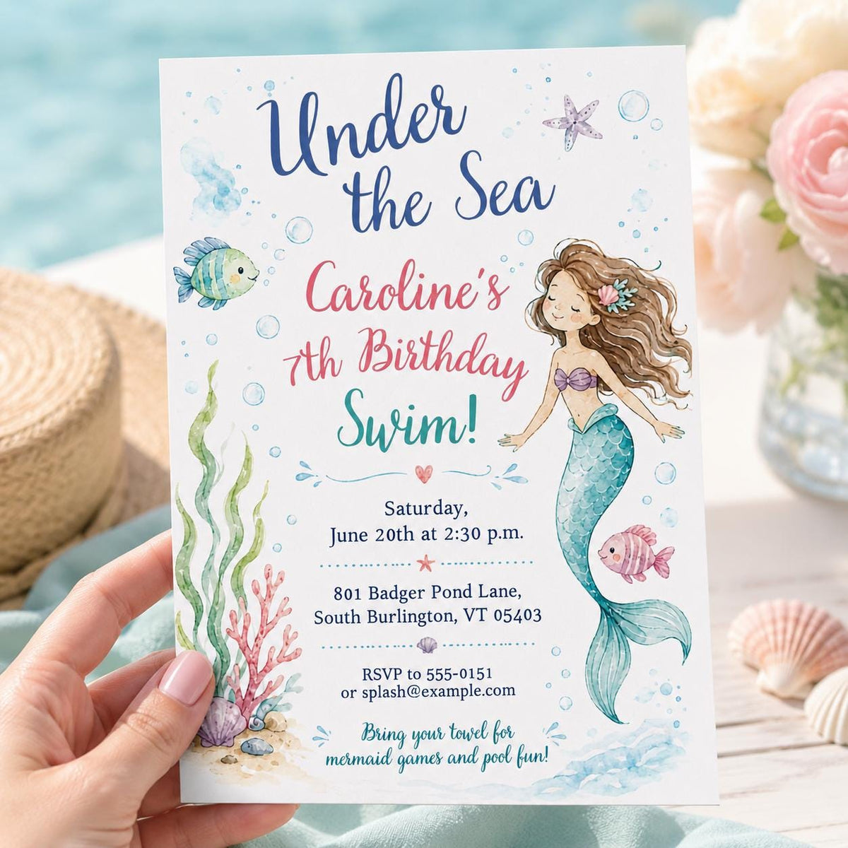 Under the Sea Mermaid Swim 7th Birthday Invitation — watercolor 7th birthday party design
