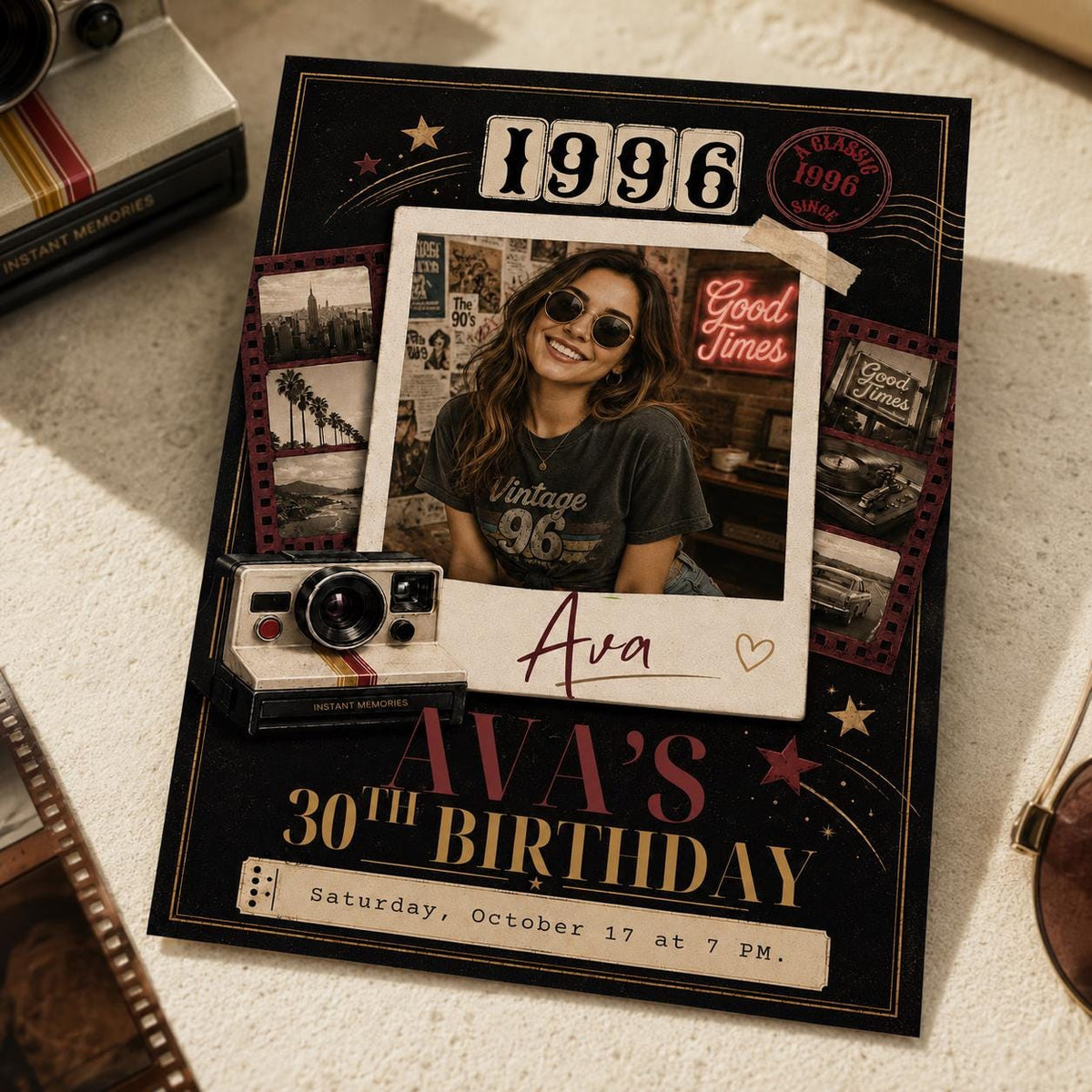Vintage 1996 Photo 30th Birthday Invitation — camera and movie artwork in black and cream