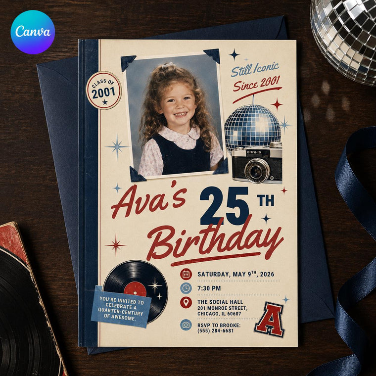 Vintage 25th Birthday Photo Invitation: Class of 2001 Retro Yearbook Party