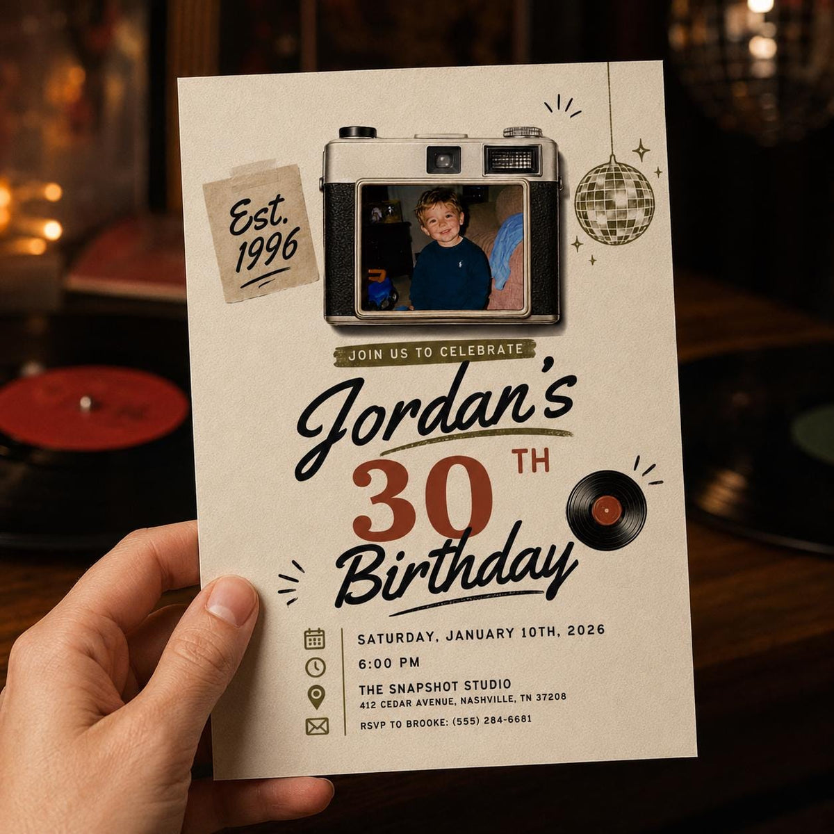 Vintage 30th Birthday Photo Invitation: Retro 1996 Camera Birthday for Him — 30th birthday party stationery by VoltBy
