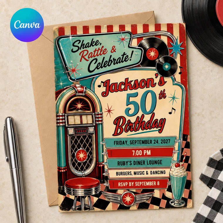 Vintage 50th Birthday Invitation: Retro Diner Rock and Roll Party