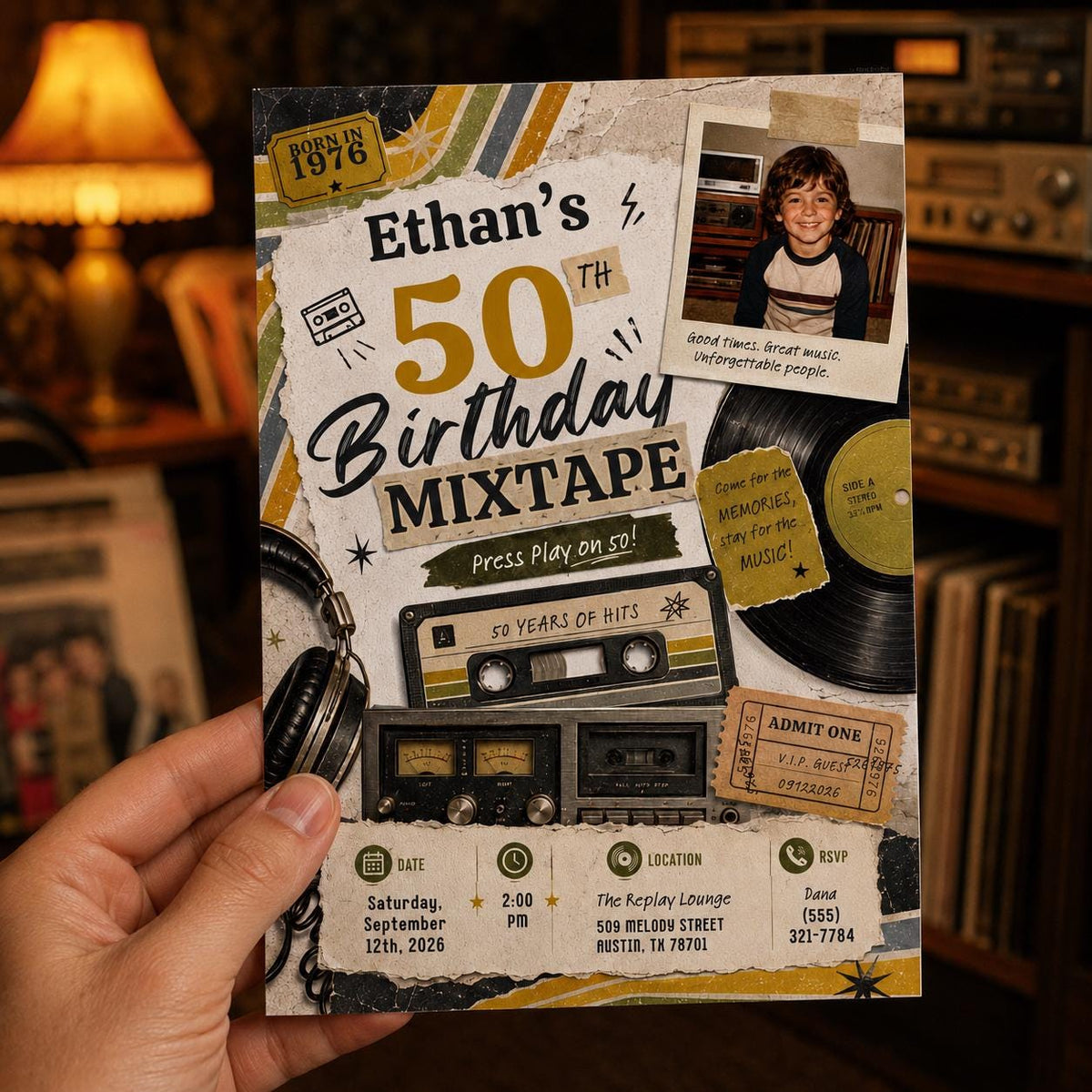 Vintage 50th Birthday Mixtape Invitation — print-ready 50th birthday party design from VoltBy