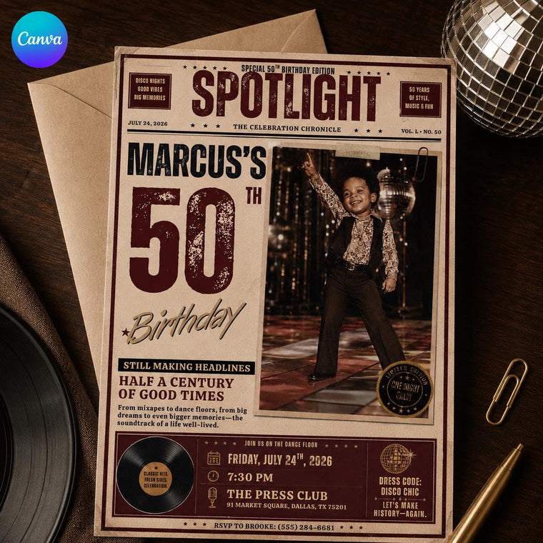 Vintage 50th Birthday Newspaper Invitation