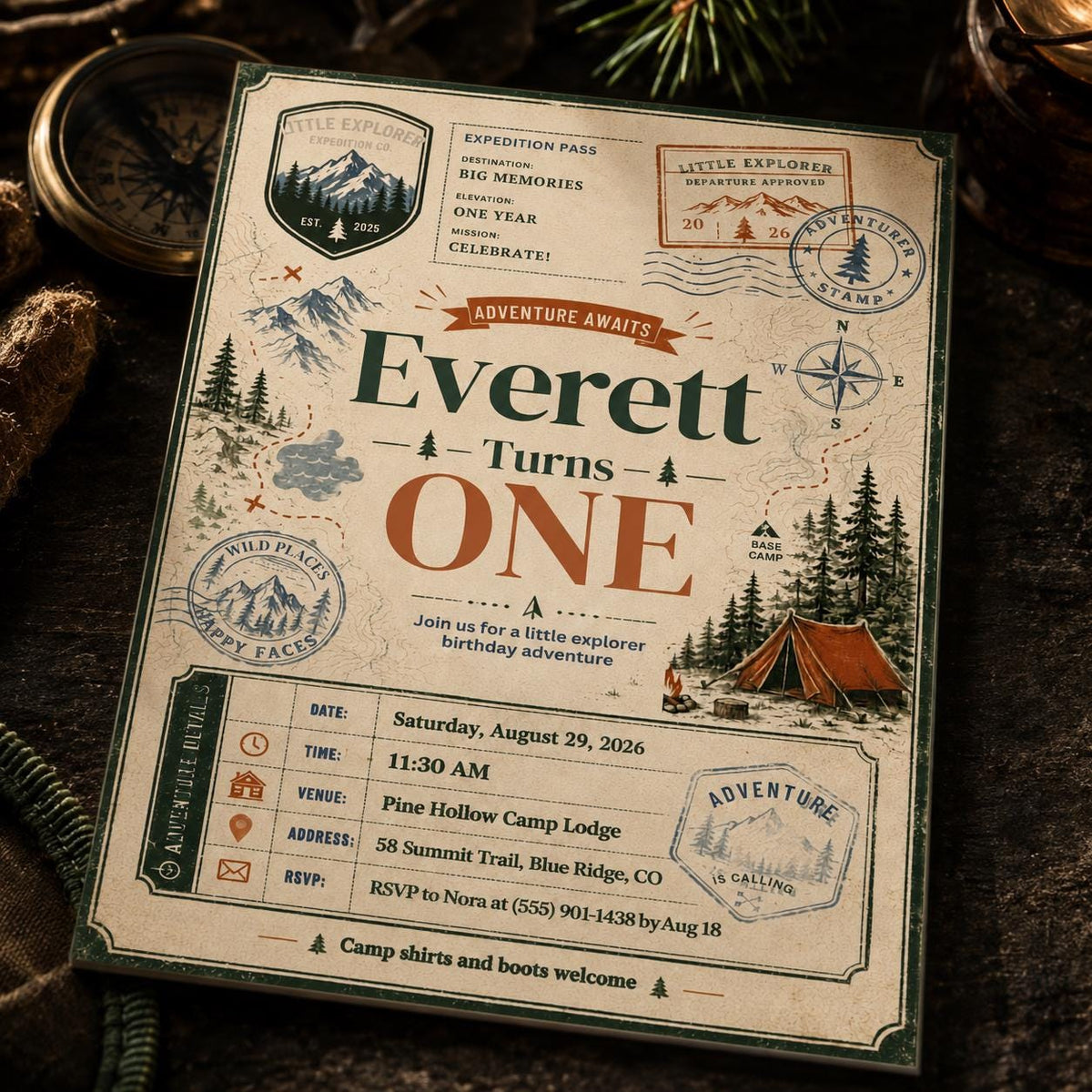 Vintage Adventure First Birthday Invitation — digital invitation, instant download