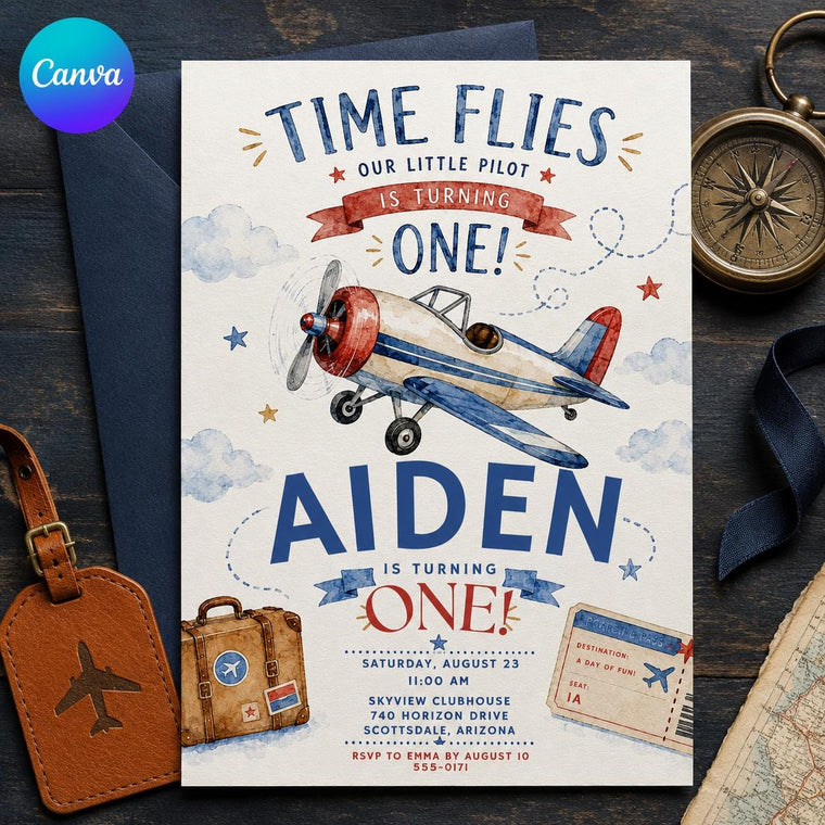 Vintage Airplane 1st Birthday Invitation
