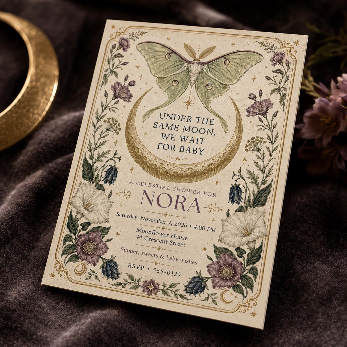 Vintage Botanical Celestial Baby Shower Invitation — baby shower stationery by VoltBy