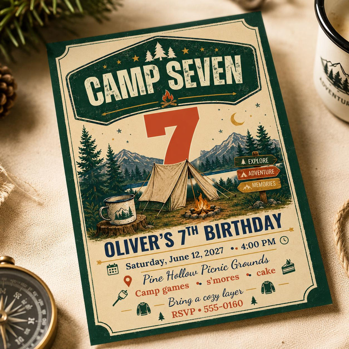 Vintage Camping 7th Birthday Invitation — 7th birthday party stationery by VoltBy
